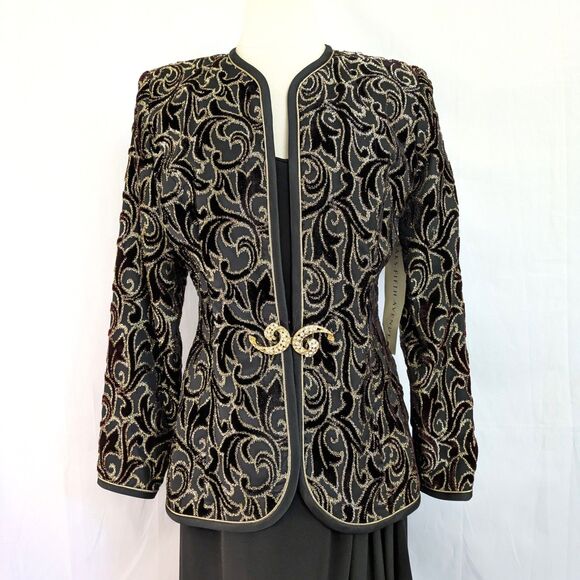 VTG Karen Lawrence Sz 10 Gold Black Brocade Velvet Jacket with Long Black Dress - Picture 1 of 16